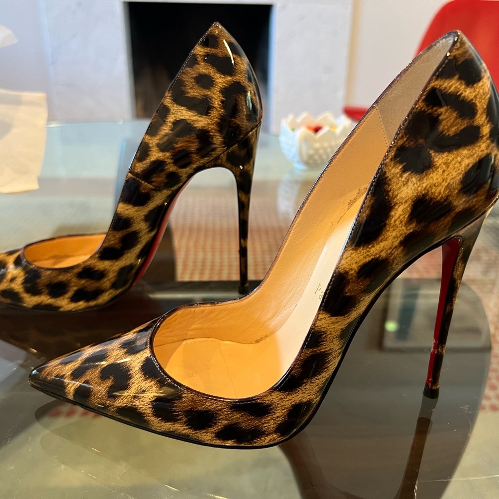 CHRISTIAN LOUBOUTIN PATENT LEOPARDINO “SO KATE” 120 PUMPS - SIZE 38.5